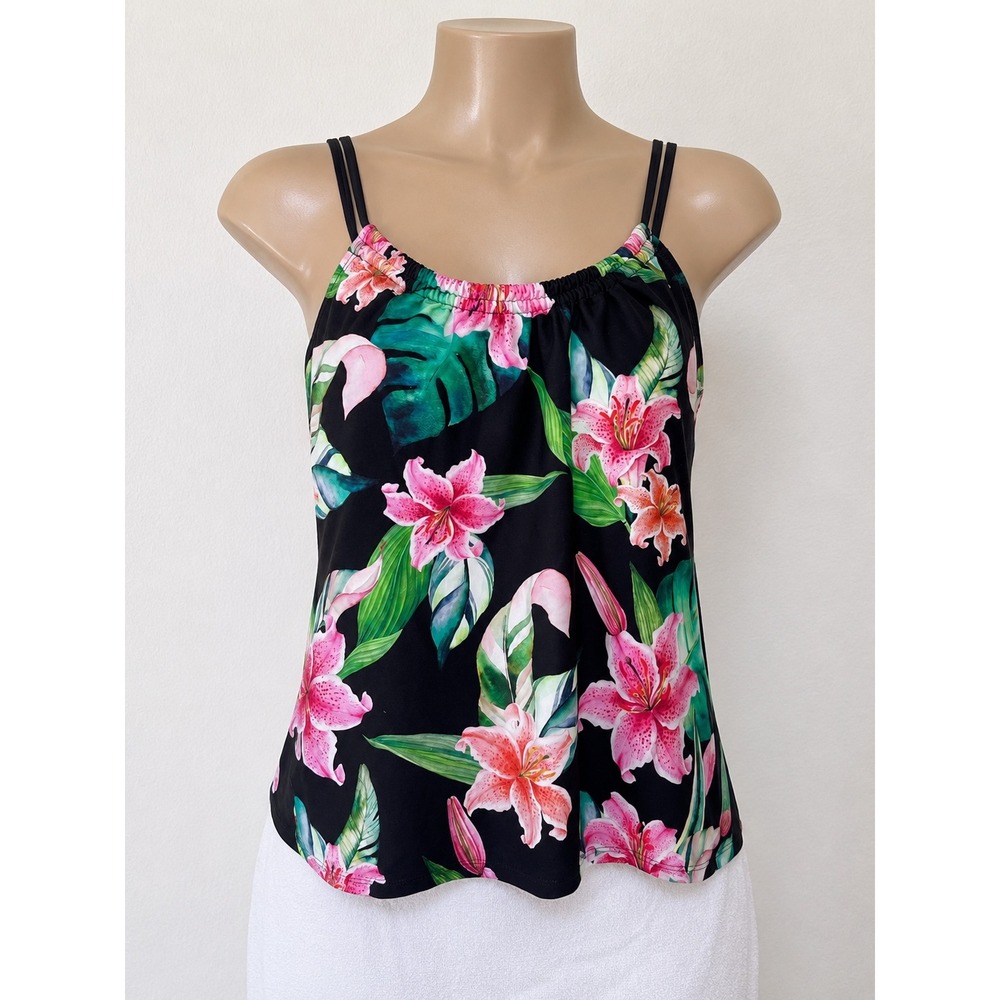 Next Tropical Floral Tankini Swim Top Black Pink Lily Racerback NE45144 32B/C